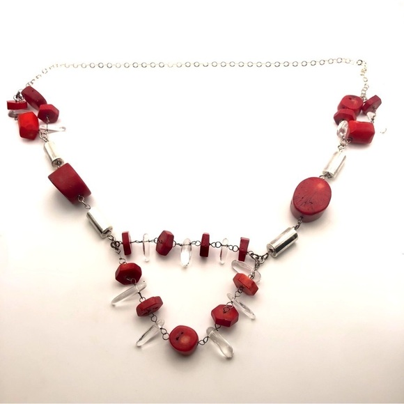 VINTAGE Sterling Coral & Rock Crystal Chunky Statement Necklace 23” - Picture 3 of 10